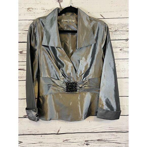 Signature by Larry Levine Silver Holiday Blouse Size Medium - Picture 2 of 7